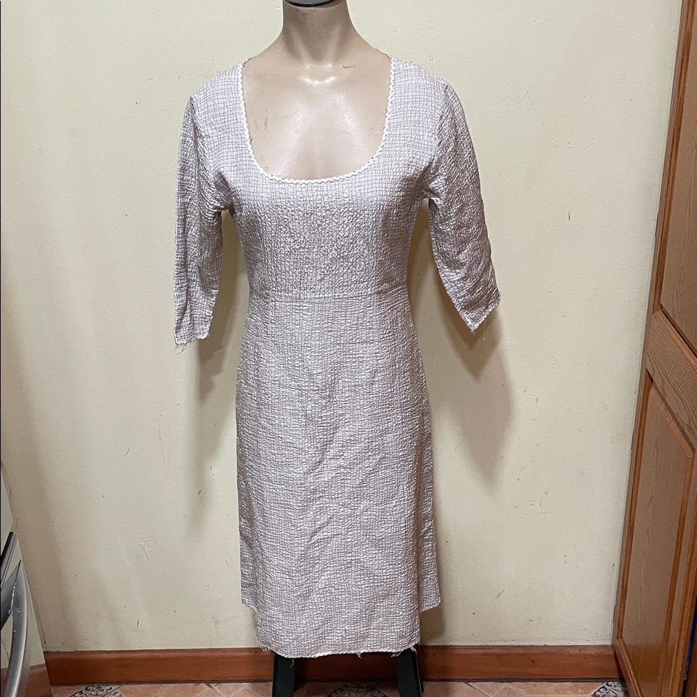 Abraham & thakore Elegant Cream Textured Scoop-Neck Women’s Dress